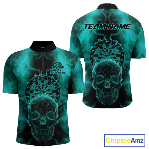 Custom Turquoise Skull Lightning Dartboard Dart Quarter-Zip Jerseys For Men Outfits Dart Shirts NYN1729