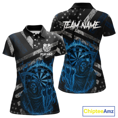 Custom Grunge US Flag Blue Smokes Skeleton Dart Women Polo Jerseys Patriotic Dart Shirts NYN1730