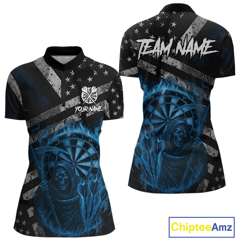 Custom Grunge US Flag Blue Smokes Skeleton Dart Women Quarter-Zip Jerseys Patriotic Dart Shirts NYN1730