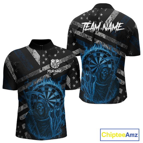 Custom Grunge US Flag Blue Smokes Skeleton Dart Men Quarter-Zip Jerseys Patriotic Dart Shirts NYN1730