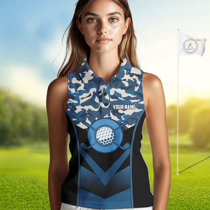 Black Blue Navy Camo Golf Sleeveless Polo Shirts For Women Custom Golf Outfit Women, Personalized Golf Team Gifts NYN4920