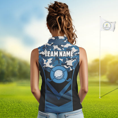 Black Blue Navy Camo Golf Sleeveless Polo Shirts For Women Custom Golf Outfit Women, Personalized Golf Team Gifts NYN4920