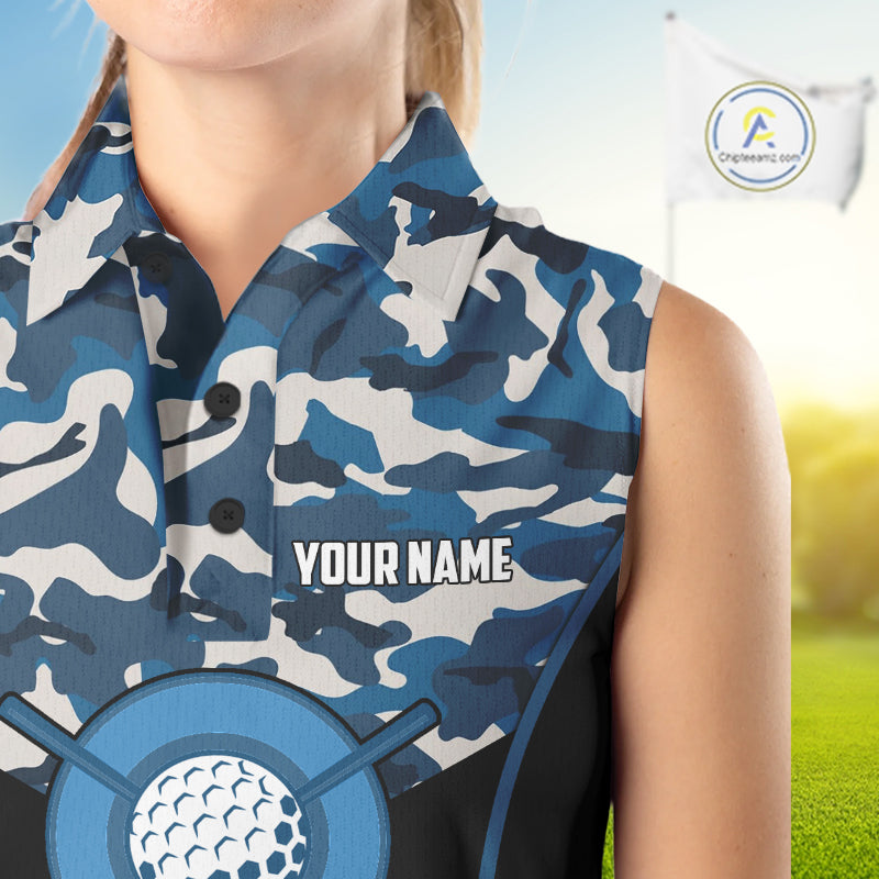 Black Blue Navy Camo Golf Sleeveless Polo Shirts For Women Custom Golf Outfit Women, Personalized Golf Team Gifts NYN4920