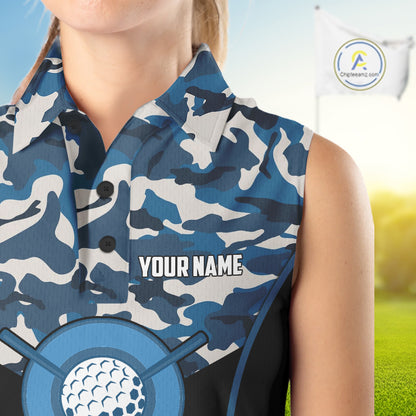 Black Blue Navy Camo Golf Sleeveless Polo Shirts For Women Custom Golf Outfit Women, Personalized Golf Team Gifts NYN4920