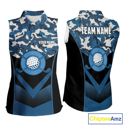 Black Blue Navy Camo Golf Sleeveless Polo Shirts For Women Custom Golf Outfit Women, Personalized Golf Team Gifts NYN4920