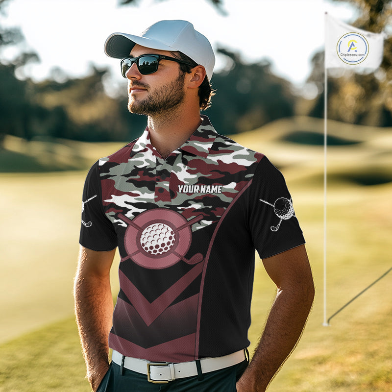 Black Maroon Camo Golf Polo Shirts For Men Custom Golf Outfit Men, Personalized Golf Team Gifts NYN4921
