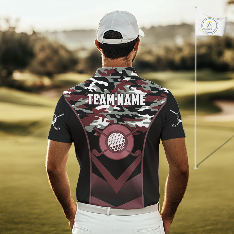 Black Maroon Camo Golf Polo Shirts For Men Custom Golf Outfit Men, Personalized Golf Team Gifts NYN4921