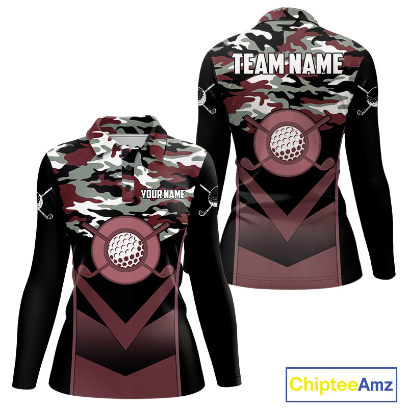Black Maroon Camo Golf Polo Shirts For Women Custom Golf Outfit Women, Personalized Golf Team Gifts NYN4921