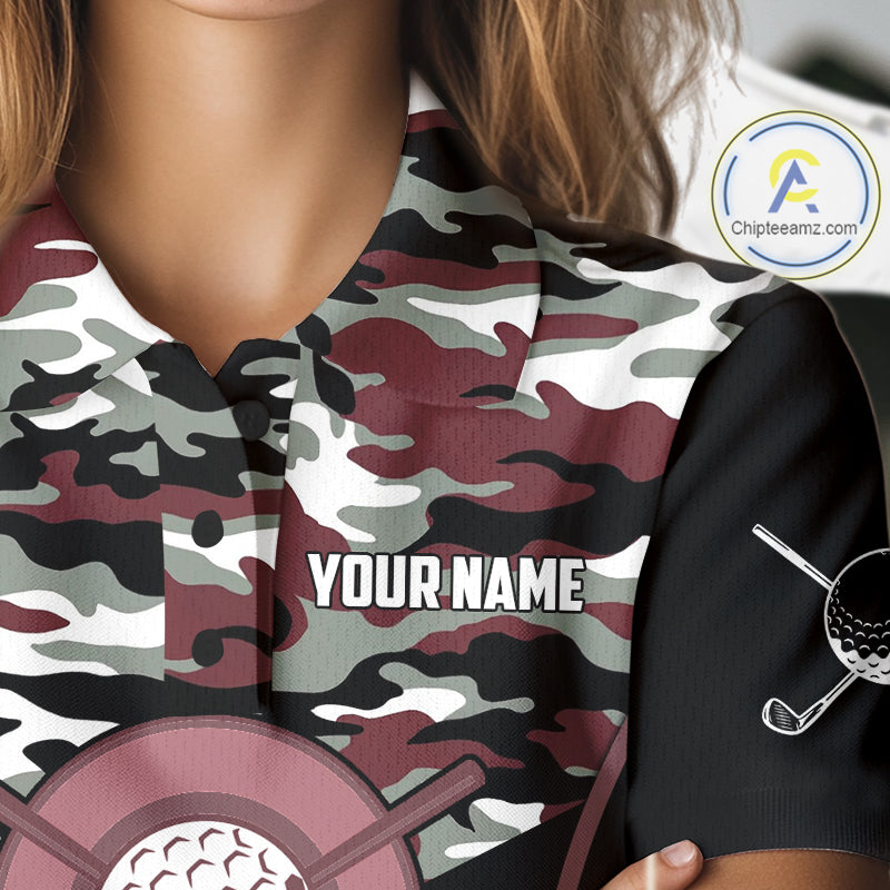 Black Maroon Camo Golf Polo Shirts For Women Custom Golf Outfit Women, Personalized Golf Team Gifts NYN4921