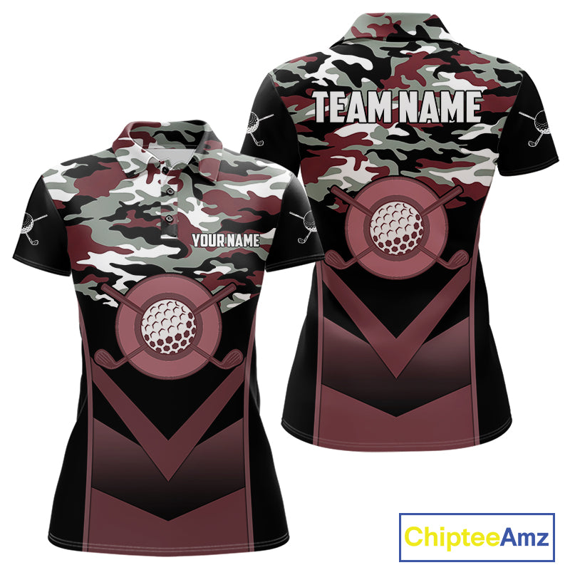 Black Maroon Camo Golf Polo Shirts For Women Custom Golf Outfit Women, Personalized Golf Team Gifts NYN4921