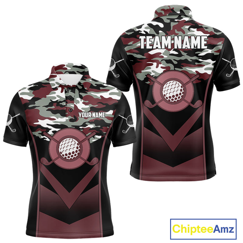 Black Maroon Camo Golf Polo Shirts For Men Custom Golf Outfit Men, Personalized Golf Team Gifts NYN4921