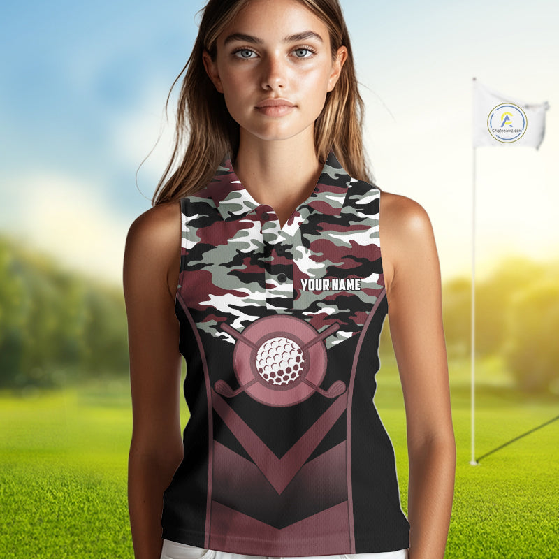Black Maroon Camo Golf Sleeveless Polo Shirts For Women Custom Golf Outfit Women, Personalized Golf Team Gifts NYN4921