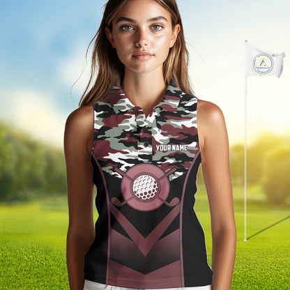 Black Maroon Camo Golf Sleeveless Polo Shirts For Women Custom Golf Outfit Women, Personalized Golf Team Gifts NYN4921