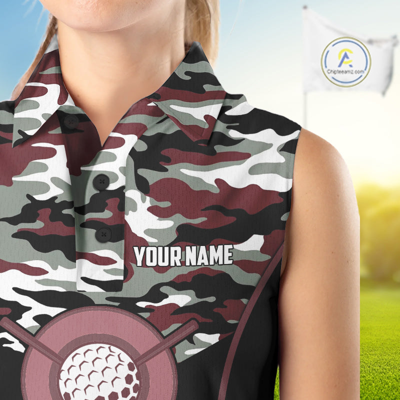 Black Maroon Camo Golf Sleeveless Polo Shirts For Women Custom Golf Outfit Women, Personalized Golf Team Gifts NYN4921