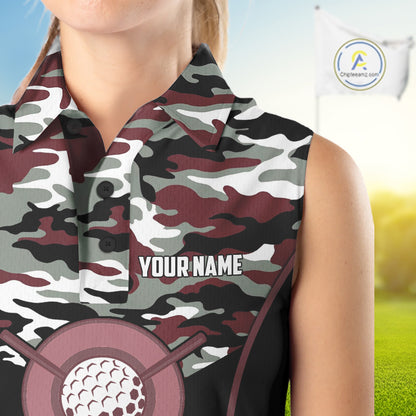Black Maroon Camo Golf Sleeveless Polo Shirts For Women Custom Golf Outfit Women, Personalized Golf Team Gifts NYN4921