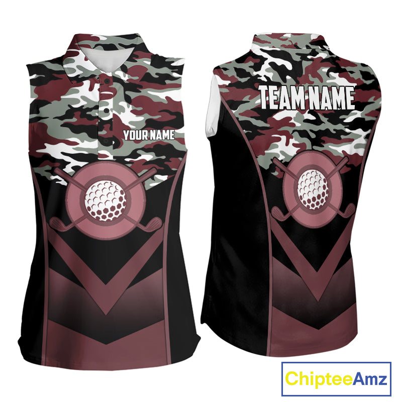 Black Maroon Camo Golf Sleeveless Polo Shirts For Women Custom Golf Outfit Women, Personalized Golf Team Gifts NYN4921