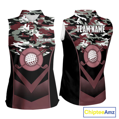 Black Maroon Camo Golf Sleeveless Polo Shirts For Women Custom Golf Outfit Women, Personalized Golf Team Gifts NYN4921