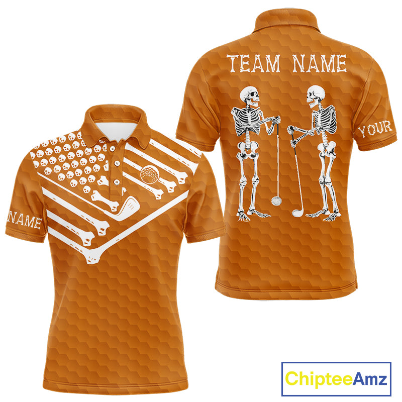 Mens Golf Polo Shirt Skeleton US Flag Custom Orange Golf Ball Pattern Halloween Golf Team Shirts NYN4923