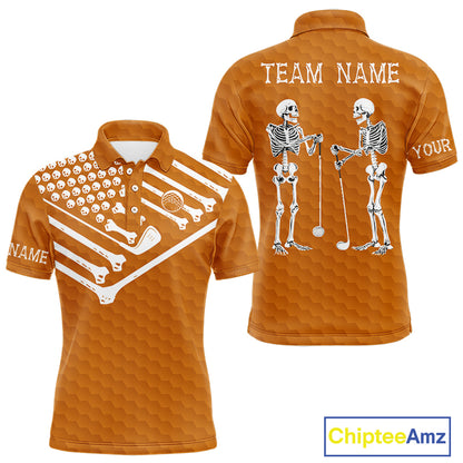 Mens Golf Polo Shirt Skeleton US Flag Custom Orange Golf Ball Pattern Halloween Golf Team Shirts NYN4923