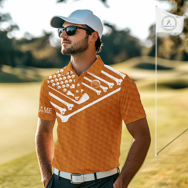 Mens Golf Polo Shirt Skeleton US Flag Custom Orange Golf Ball Pattern Halloween Golf Team Shirts NYN4923