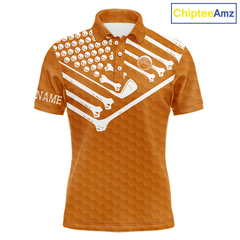 Mens Golf Polo Shirt Skeleton US Flag Custom Orange Golf Ball Pattern Halloween Golf Team Shirts NYN4923