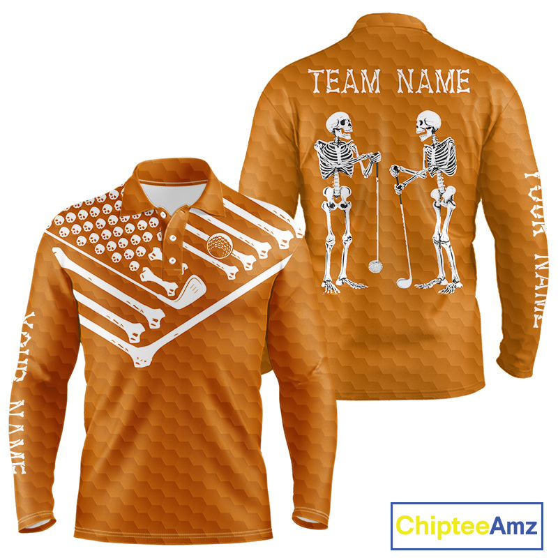 Mens Golf Polo Shirt Skeleton US Flag Custom Orange Golf Ball Pattern Halloween Golf Team Shirts NYN4923