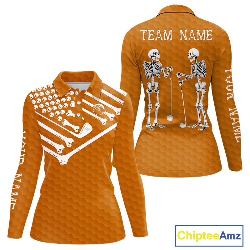Women Golf Polo Shirt Skeleton US Flag Custom Orange Golf Ball Pattern Halloween Golf Team Shirts NYN4923