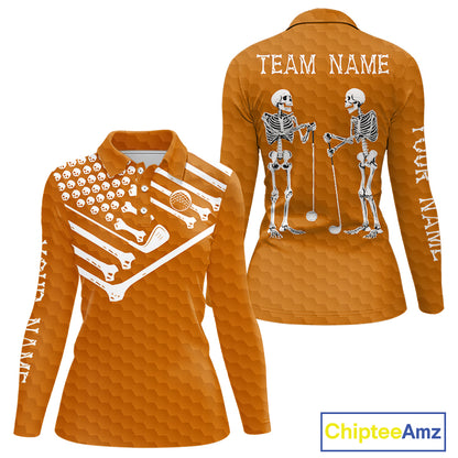 Women Golf Polo Shirt Skeleton US Flag Custom Orange Golf Ball Pattern Halloween Golf Team Shirts NYN4923