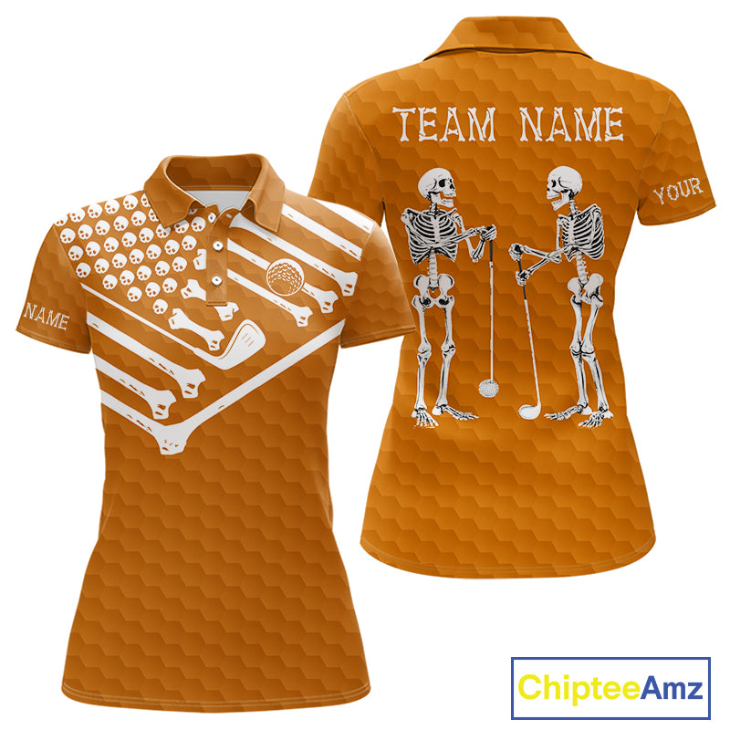 Women Golf Polo Shirt Skeleton US Flag Custom Orange Golf Ball Pattern Halloween Golf Team Shirts NYN4923