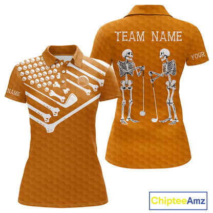 Women Golf Polo Shirt Skeleton US Flag Custom Orange Golf Ball Pattern Halloween Golf Team Shirts NYN4923