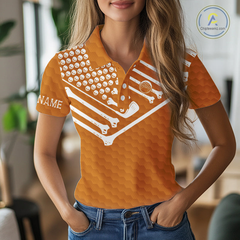 Women Golf Polo Shirt Skeleton US Flag Custom Orange Golf Ball Pattern Halloween Golf Team Shirts NYN4923