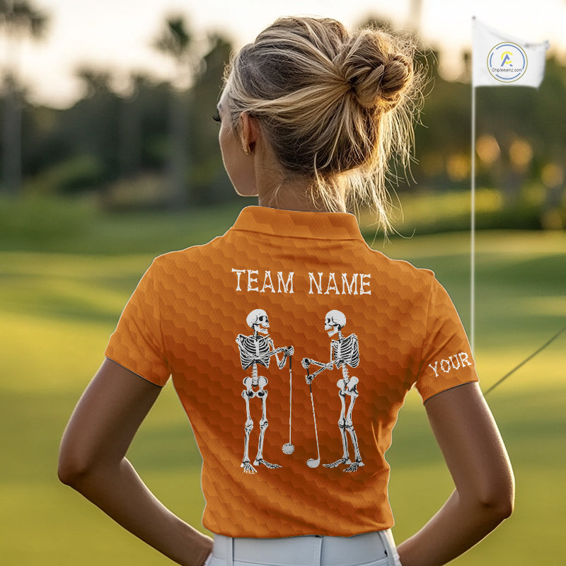 Women Golf Polo Shirt Skeleton US Flag Custom Orange Golf Ball Pattern Halloween Golf Team Shirts NYN4923