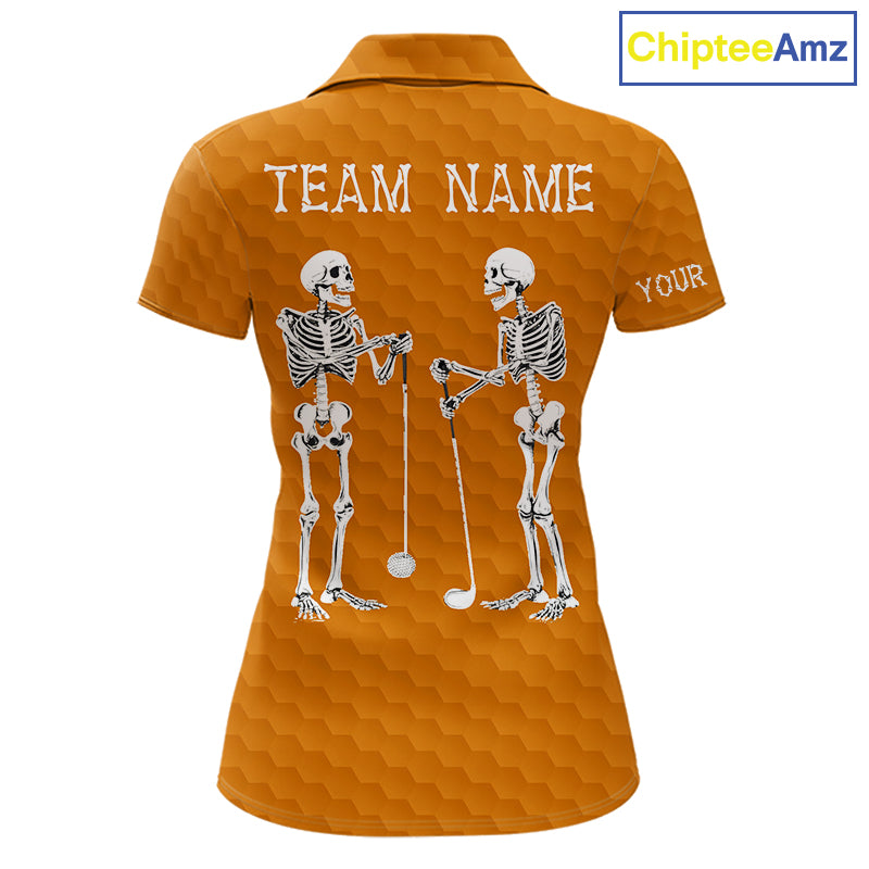 Women Golf Polo Shirt Skeleton US Flag Custom Orange Golf Ball Pattern Halloween Golf Team Shirts NYN4923