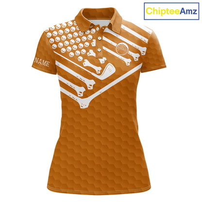 Women Golf Polo Shirt Skeleton US Flag Custom Orange Golf Ball Pattern Halloween Golf Team Shirts NYN4923