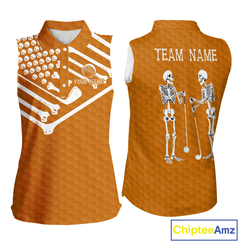 Women Golf Sleeveless Polo Shirt Skeleton US Flag Custom Orange Golf Ball Pattern Halloween Golf Team Shirts NYN4923