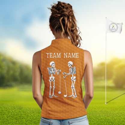 Women Golf Sleeveless Polo Shirt Skeleton US Flag Custom Orange Golf Ball Pattern Halloween Golf Team Shirts NYN4923