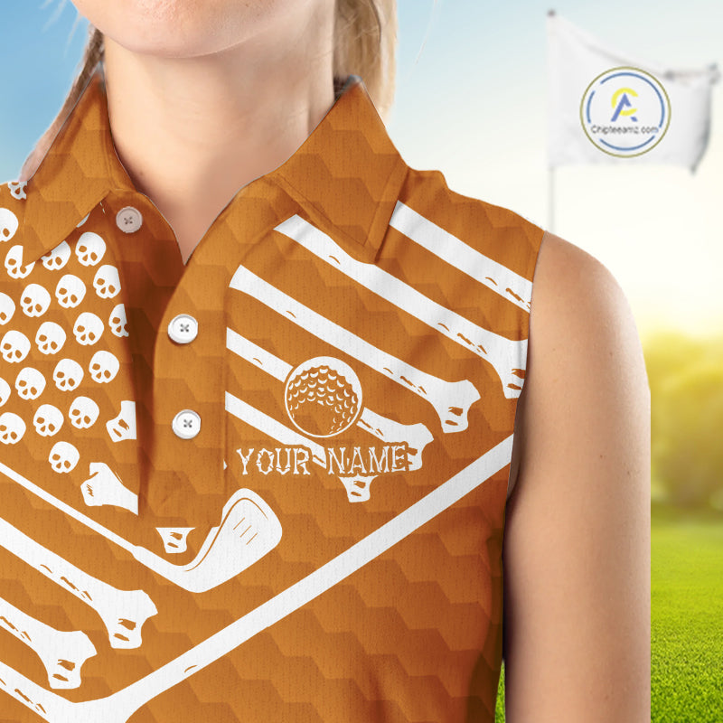 Women Golf Sleeveless Polo Shirt Skeleton US Flag Custom Orange Golf Ball Pattern Halloween Golf Team Shirts NYN4923