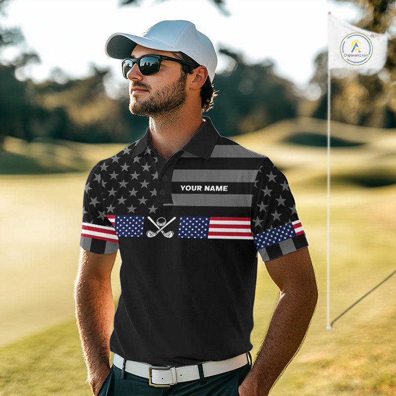 American Flag Black Men Golf Polo Shirt Custom Patriotic Mens Golf Top, Gifts For Golf Lovers NYN4924