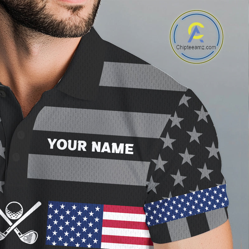 American Flag Black Men Golf Polo Shirt Custom Patriotic Mens Golf Top, Gifts For Golf Lovers NYN4924