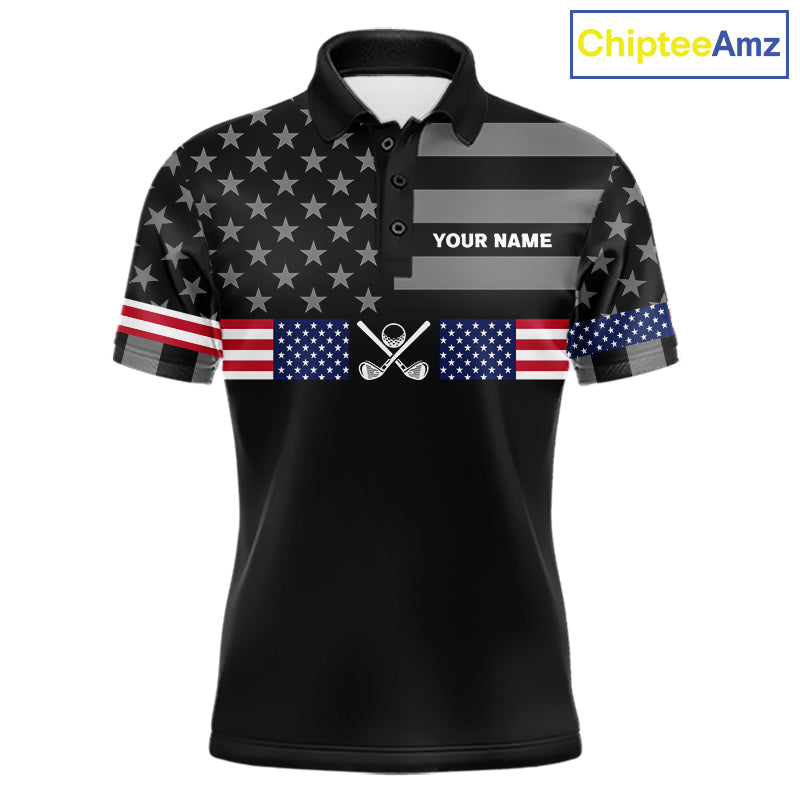 American Flag Black Men Golf Polo Shirt Custom Patriotic Mens Golf Top, Gifts For Golf Lovers NYN4924