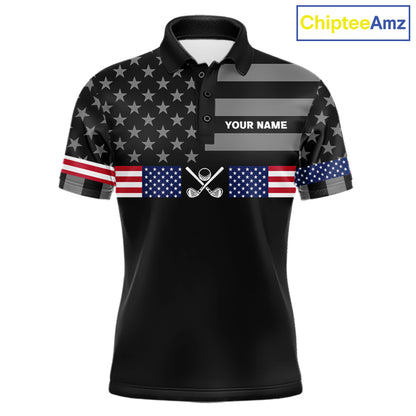 American Flag Black Men Golf Polo Shirt Custom Patriotic Mens Golf Top, Gifts For Golf Lovers NYN4924