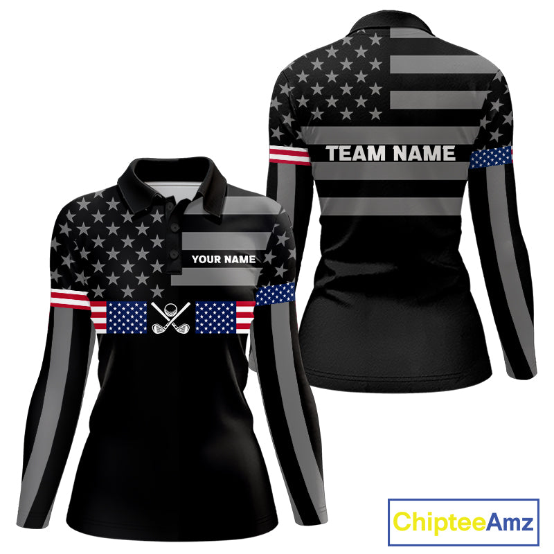 American Flag Black Women Golf Polo Shirt Custom Patriotic Women Golf Top, Gifts For Golf Lovers NYN4924