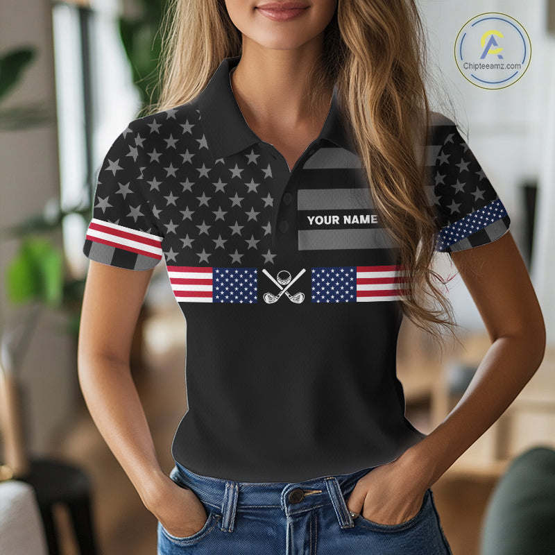 American Flag Black Women Golf Polo Shirt Custom Patriotic Women Golf Top, Gifts For Golf Lovers NYN4924