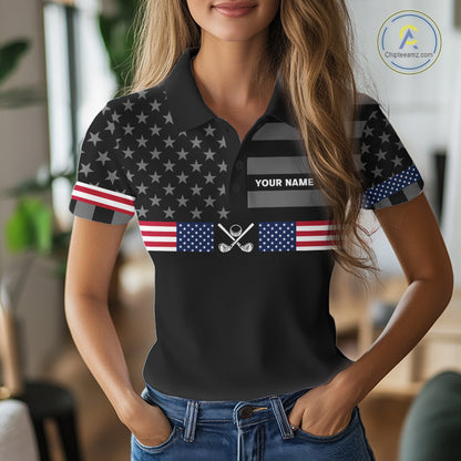 American Flag Black Women Golf Polo Shirt Custom Patriotic Women Golf Top, Gifts For Golf Lovers NYN4924