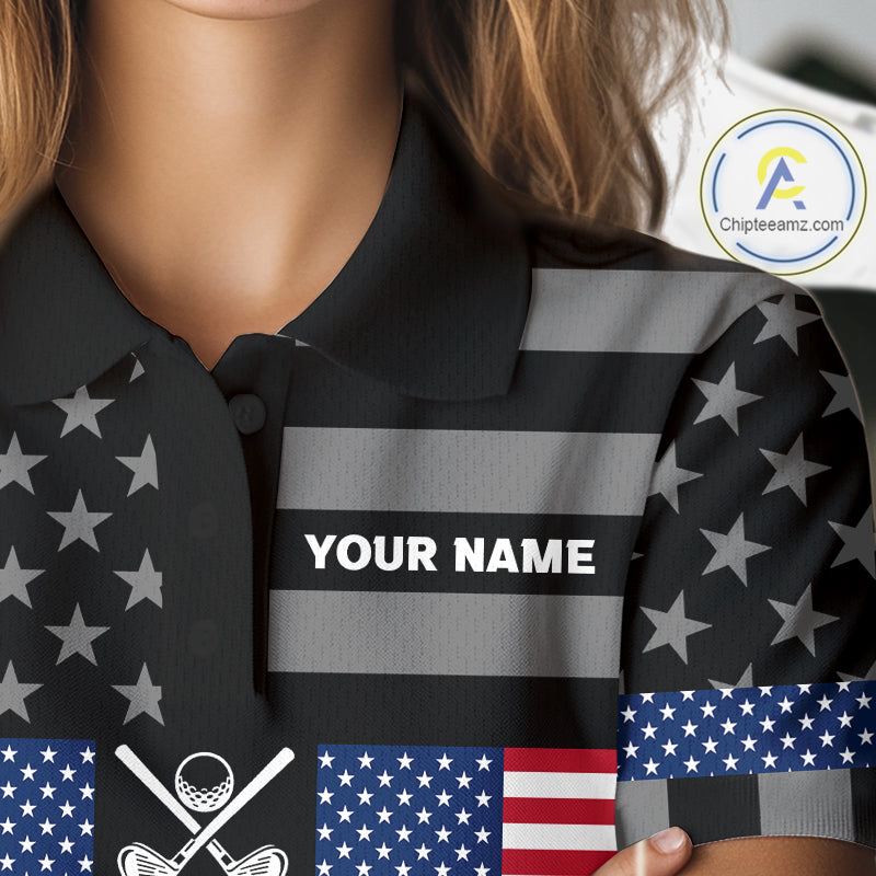 American Flag Black Women Golf Polo Shirt Custom Patriotic Women Golf Top, Gifts For Golf Lovers NYN4924