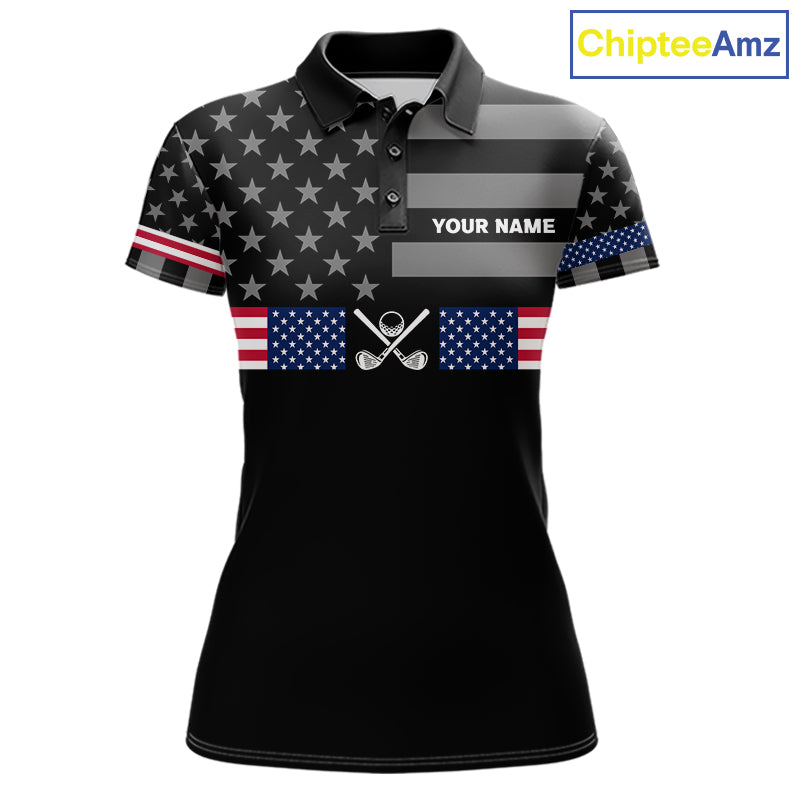 American Flag Black Women Golf Polo Shirt Custom Patriotic Women Golf Top, Gifts For Golf Lovers NYN4924