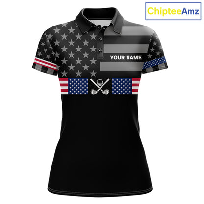 American Flag Black Women Golf Polo Shirt Custom Patriotic Women Golf Top, Gifts For Golf Lovers NYN4924