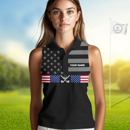 American Flag Black Women Golf Sleeveless Polo Shirt Custom Patriotic Women Golf Top, Gifts For Golf Lovers NYN4924