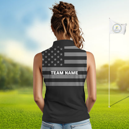American Flag Black Women Golf Sleeveless Polo Shirt Custom Patriotic Women Golf Top, Gifts For Golf Lovers NYN4924