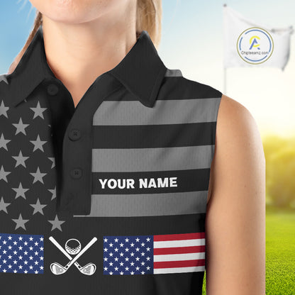 American Flag Black Women Golf Sleeveless Polo Shirt Custom Patriotic Women Golf Top, Gifts For Golf Lovers NYN4924